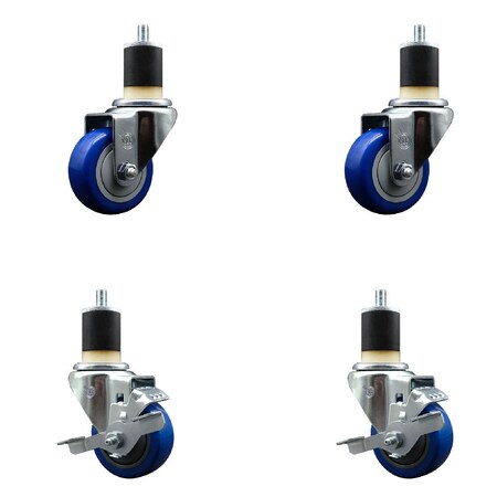 Service Caster 3'' Blue Poly Wheel Swivel 1-7/8'' Expanding Stem Caster Set 2 Brakes, 4PK SCC-EX20S314-PPUB-BLUE-2-TLB-2-178